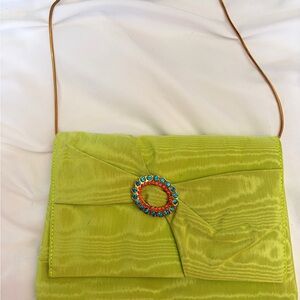 Lime Green Satin Evening Clutch with Jeweled Medallion